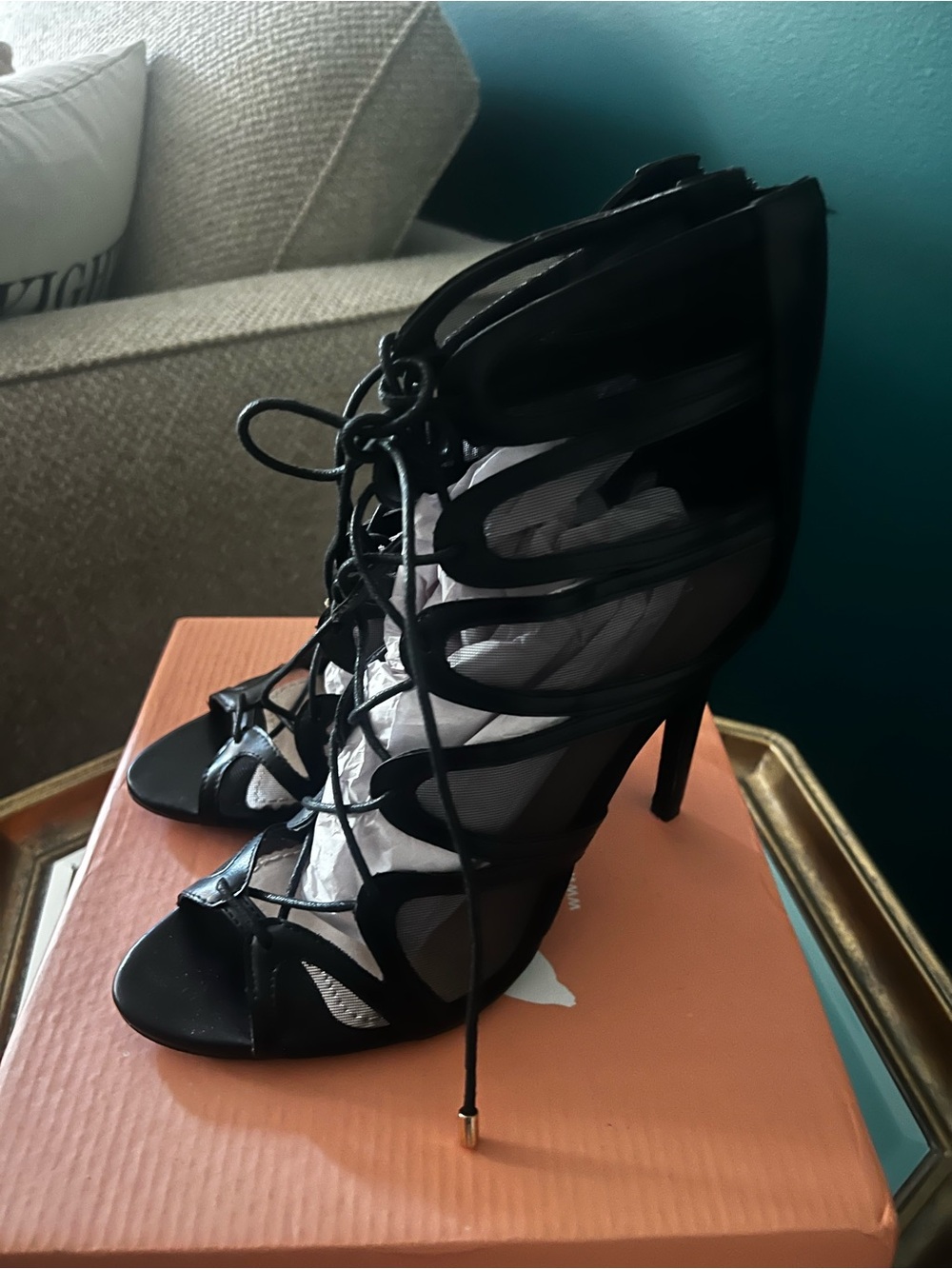 Public Desire Black Lace-Up Mesh High Heel Sandals - NEW / Never Worn